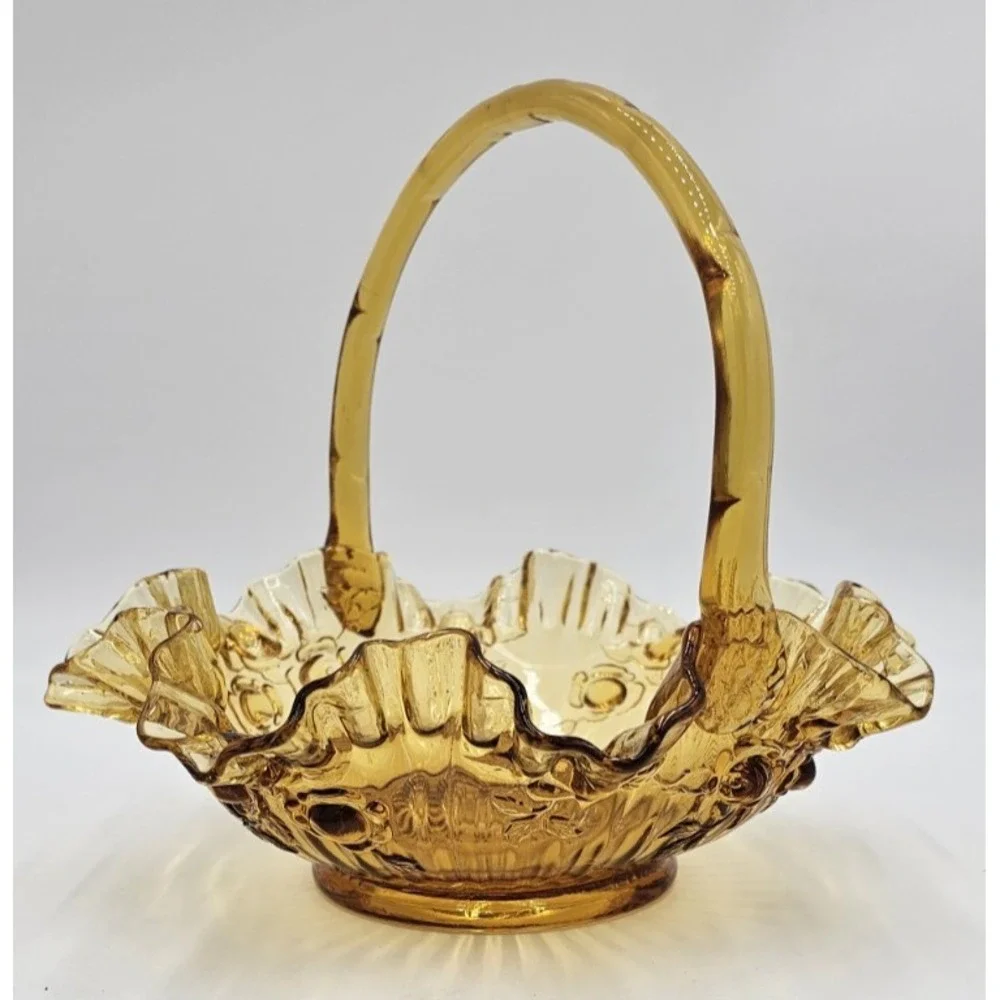 Vintage Amber Pressed Glass Basket Ruffled Edges Roses Applied Handle